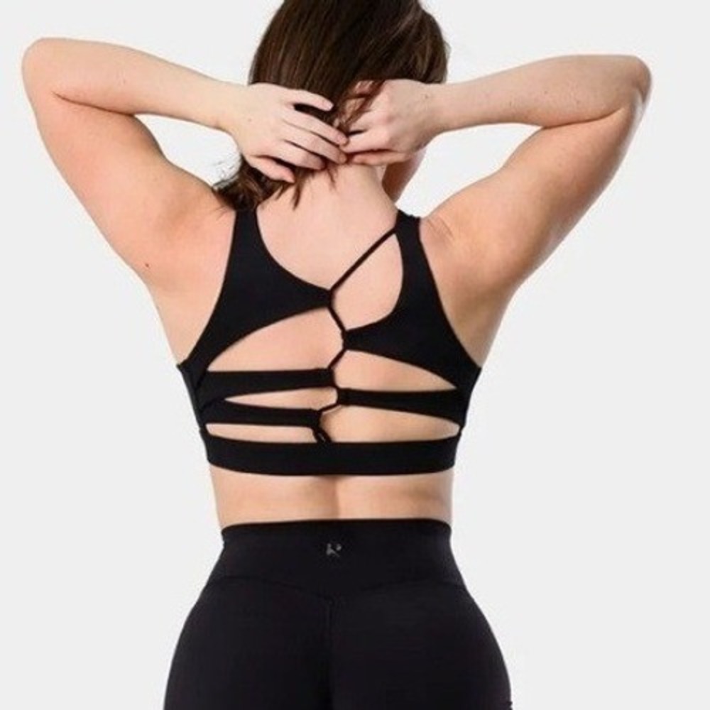 Kamo Fitness Womens Black High Neck Strappy Open Back Sports Bra Small‎ NEW